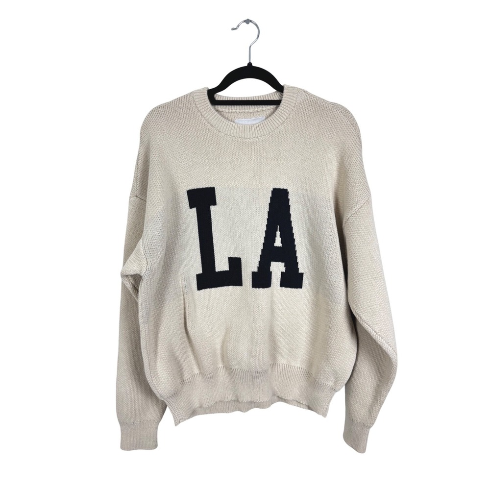 PacSun Sweater Mens Medium Tan LA Graphic Knit Pullover Relaxed Fit Crewneck